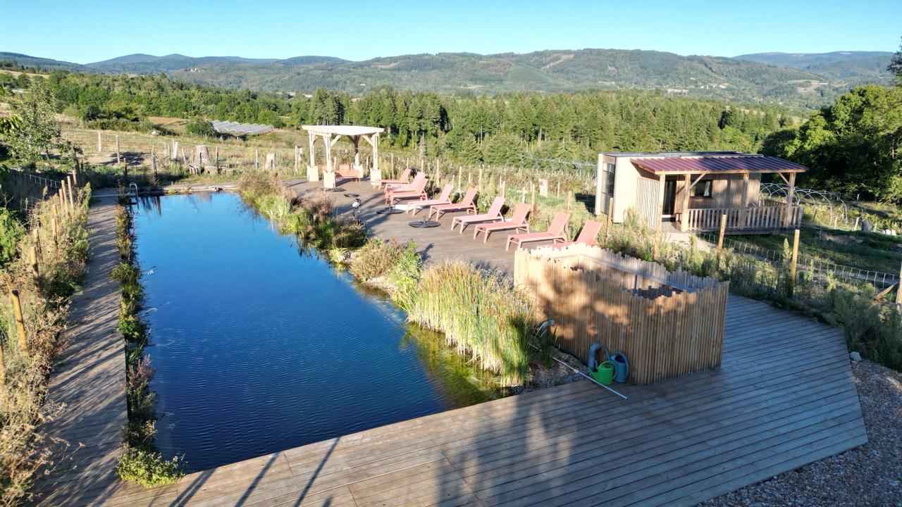 Vue aérienne de la piscine naturelle de 25 m, de sa terrasse en bois et de la cabane de plain-pied